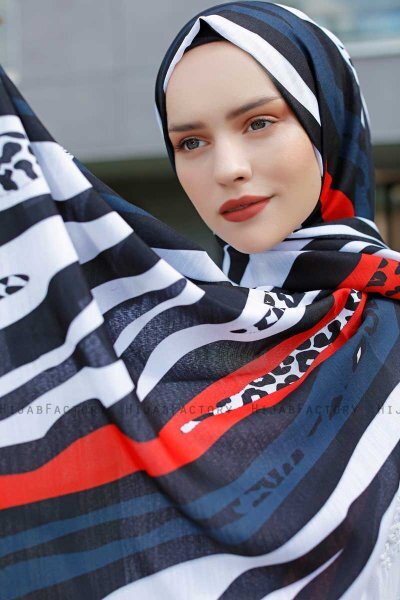 Emel - Navy Blue & Red Patterned Hijab - Sal Evi
