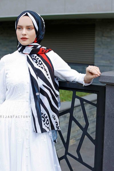 Emel - Navy Blue & Red Patterned Hijab - Sal Evi