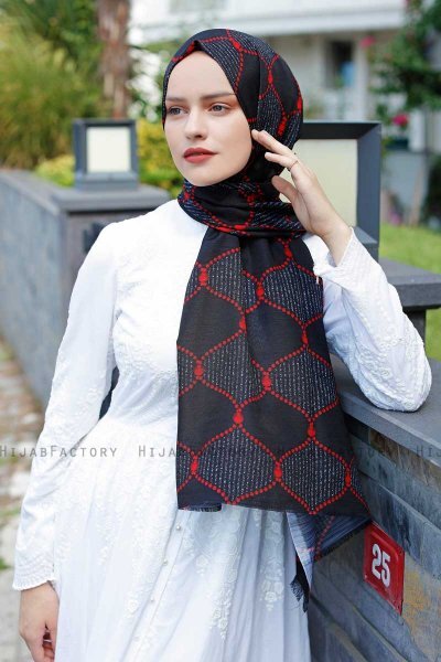 Tutku - Red & Black Patterned Hijab - Sal Evi