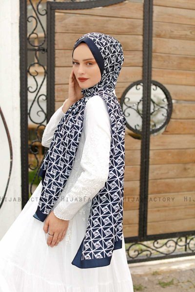 Navy Blue Patterned Twill Hijab - Sal Evi