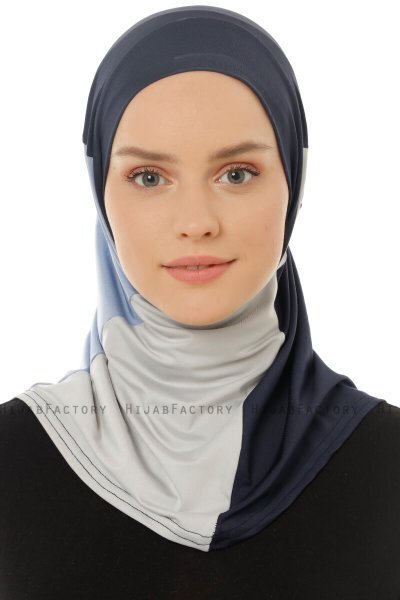 Esin - Navy Blue & Light Grey & Light Blue One-Piece Hijab