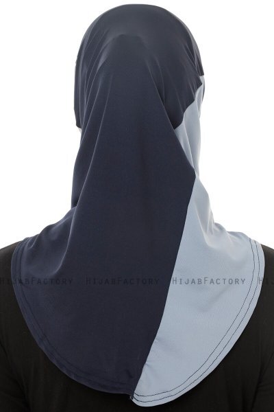 Esin - Navy Blue & Light Grey & Light Blue One-Piece Hijab