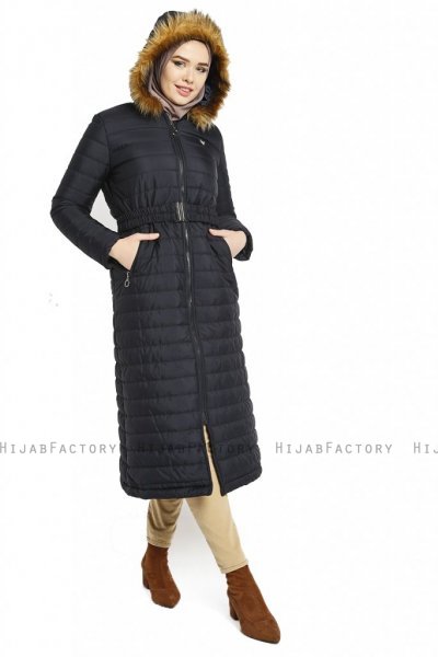 Yeliz - Navy Blue Long Jacket With Hood
