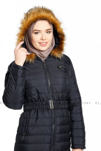 Yeliz - Navy Blue Long Jacket With Hood