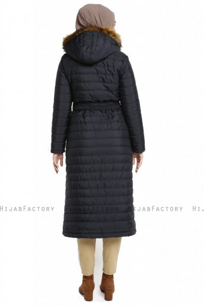 Yeliz - Navy Blue Long Jacket With Hood