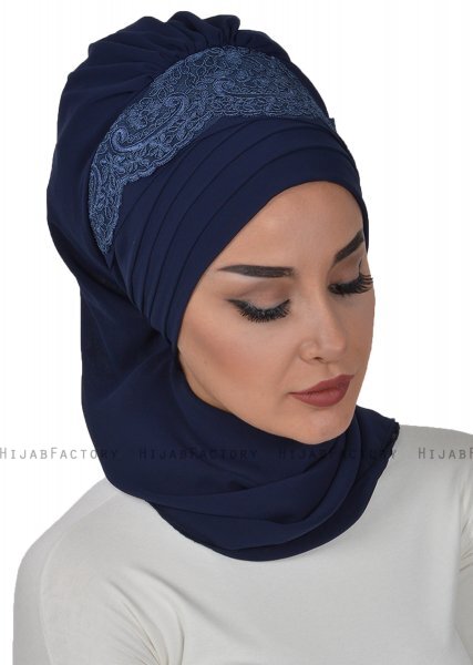 Celine - Navy Blue Chiffon Turban - Ayse Turban
