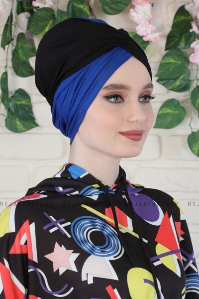 Fiona - Black & Blue Cotton Turban