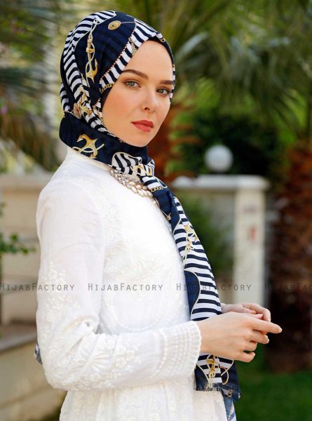 Bariah - Navy Blue Patterned Hijab - Sal Evi