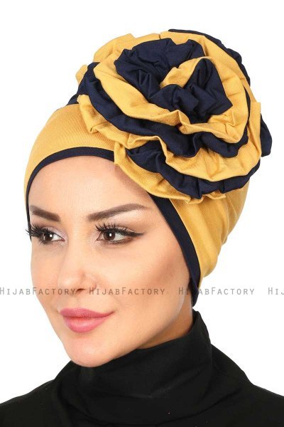 Clara - Mustard & Navy Blue Cotton Turban