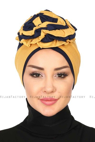 Clara - Mustard & Navy Blue Cotton Turban