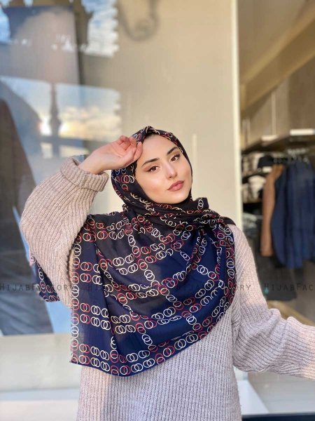Elyas - Navy Blue Patterned Cotton Hijab - Mirach