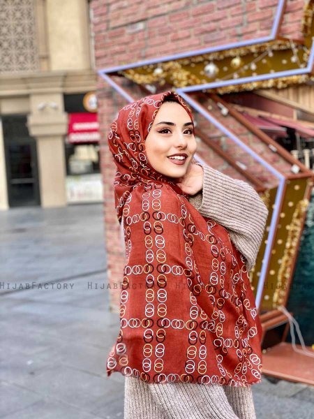 Elyas - Brick Red Patterned Cotton Hijab - Mirach