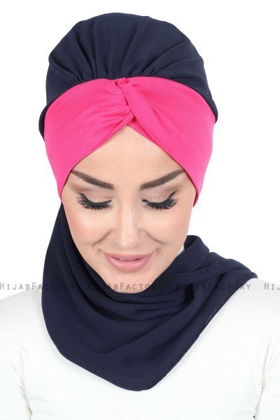 Gill - Navy Blue & Fuchsia Chiffon Turban