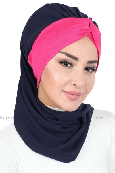 Gill - Navy Blue & Fuchsia Chiffon Turban