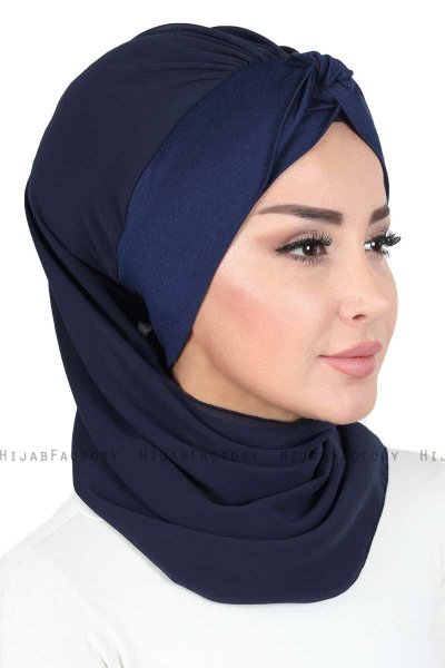 Gill - Navy Blue & Navy Blue Chiffon Turban