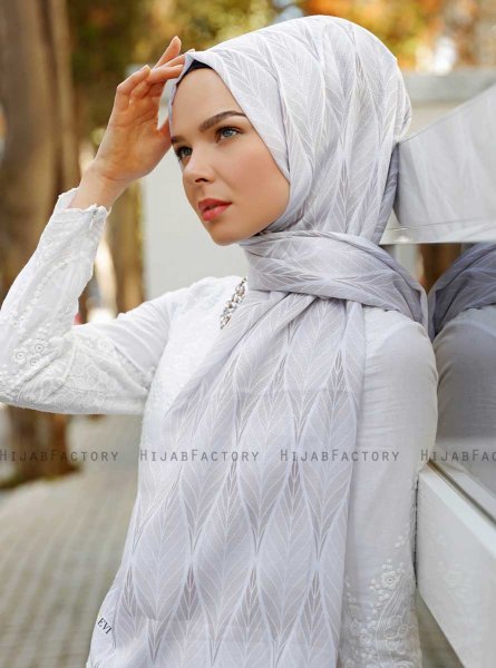 Grey Leaf Patterned Hijab - Sal Evi