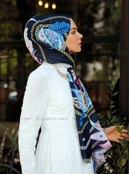 Jumana - Navy Blue Patterned Hijab - Sal Evi