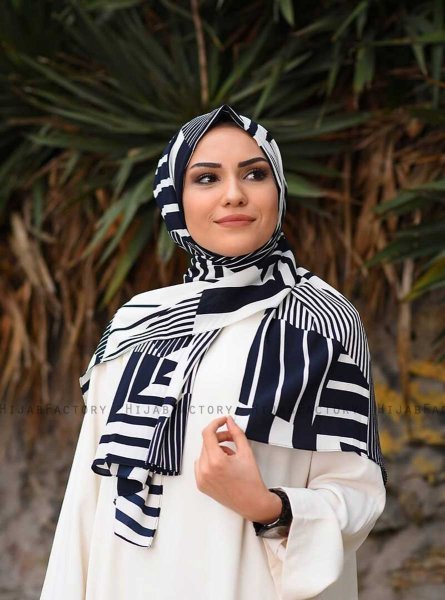 Marwa - Navy Blue Patterned Crepe Hijab
