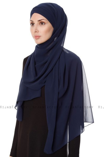 Mehtap - Navy Blue Practical One Piece Chiffon Hijab