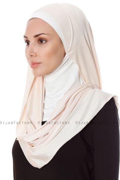 Naz - Light Beige & Creme Practical One Piece Hijab - Ecardin