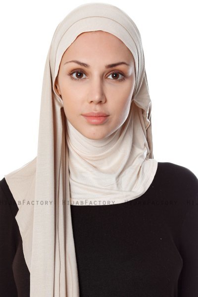Naz - Light Taupe & Light Beige Practical One Piece Hijab - Ecardin