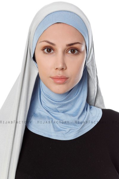 Naz - Light Grey & Light Blue Practical One Piece Hijab - Ecardin
