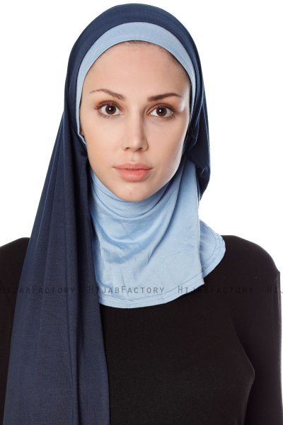 Naz - Navy Blue & Light Blue Practical One Piece Hijab - Ecardin