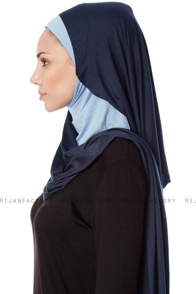 Naz - Navy Blue & Light Blue Practical One Piece Hijab - Ecardin