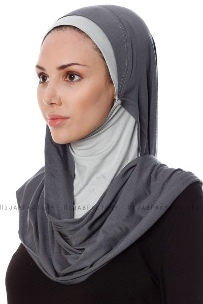 Naz - Dark Grey & Light Grey Practical One Piece Hijab - Ecardin