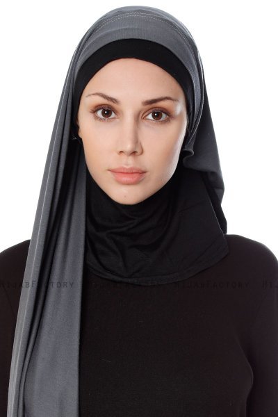 Naz - Dark Grey & Black Practical One Piece Hijab - Ecardin