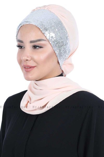 Olga - Beige & Silver Chiffon Turban