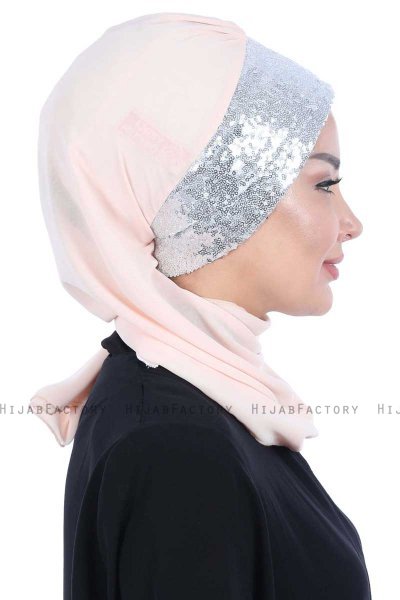 Olga - Beige & Silver Chiffon Turban