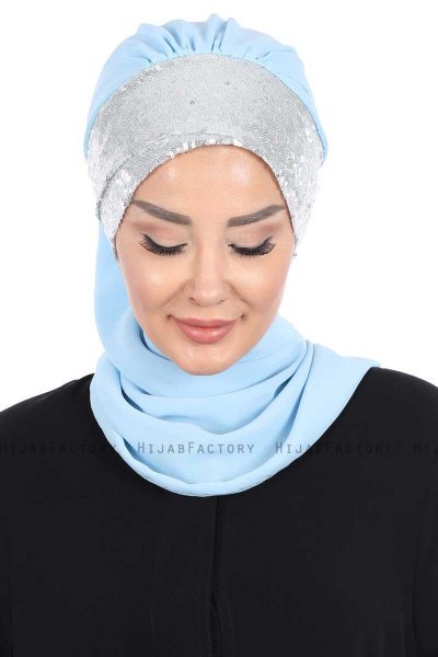 Olga - Light Blue & Silver Chiffon Turban
