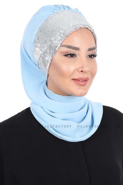 Olga - Light Blue & Silver Chiffon Turban