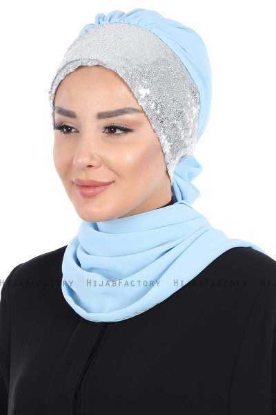 Olga - Light Blue & Silver Chiffon Turban