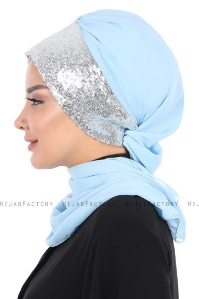 Olga - Light Blue & Silver Chiffon Turban