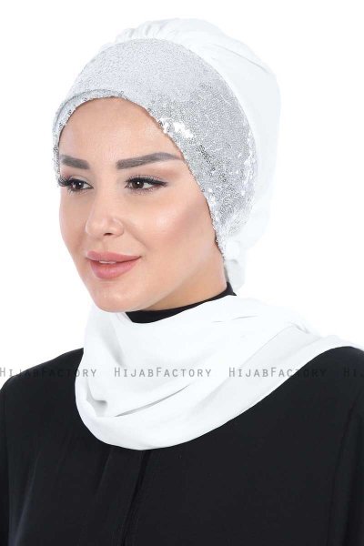 Olga - Offwhite & Silver Chiffon Turban
