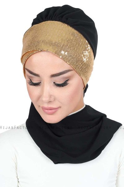 Olga - Black & Gold Chiffon Turban