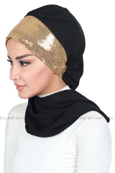Olga - Black & Gold Chiffon Turban