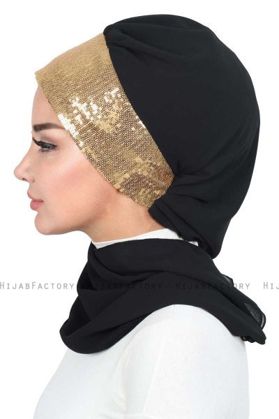 Olga - Black & Gold Chiffon Turban