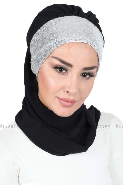 Olga - Black & Silver Chiffon Turban