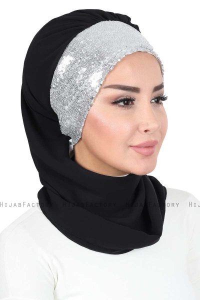 Olga - Black & Silver Chiffon Turban