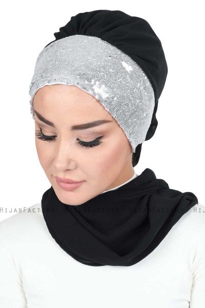 Olga - Black & Silver Chiffon Turban
