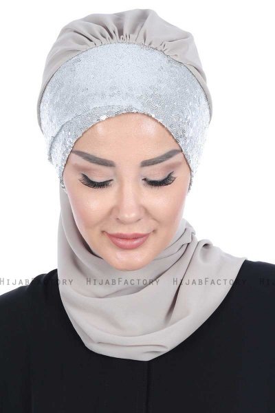 Olga - Taupe & Silver Chiffon Turban