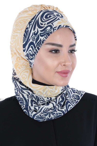 Regina - Navy Blue & Yellow Chiffon Turban