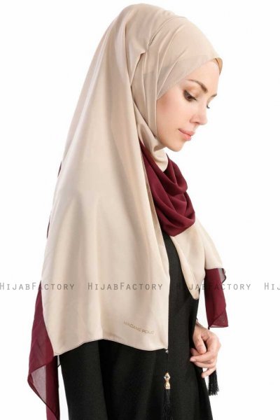 Yelda Beige & Bordeaux Chiffon Hijab Sjal Madame Polo 130041-4